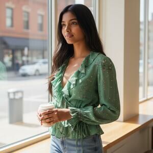 NWT Preen By Thornton Bregazzi Women's Paloma Wrap Top Long Sleeve Green XS Boho